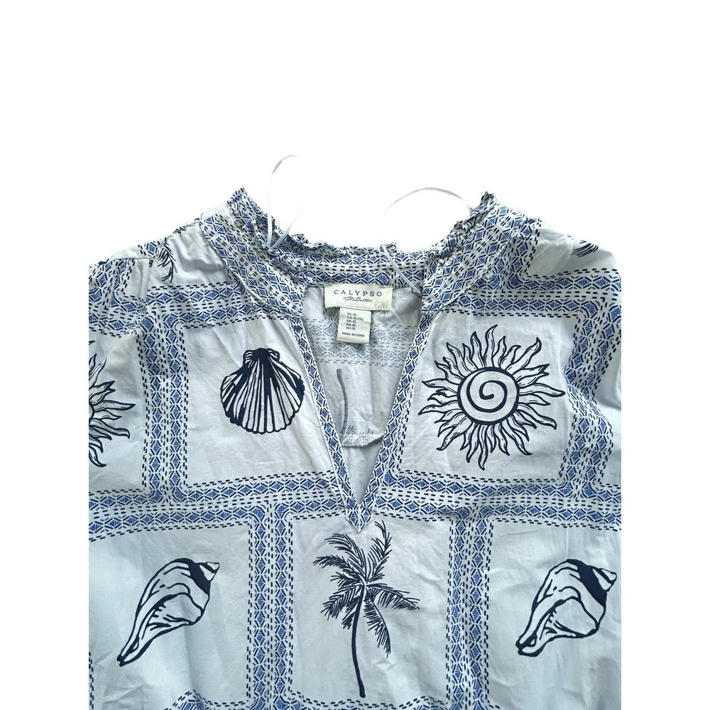 Calypso St Barth Beach Dress Tunic Sun Shell Palm Print Tiered‎ V Neck XL - Picture 3 of 8